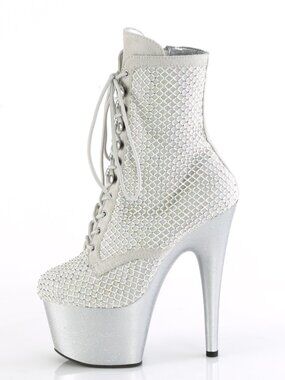 Silver 7" Rhinestone Mesh Platform Boots | Lace-Up Festival Pole Shoes